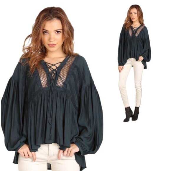 Free People Tops - Free People Womens Blouse Medium Black Peasant Boho Top Crochet Lace Up Tunic